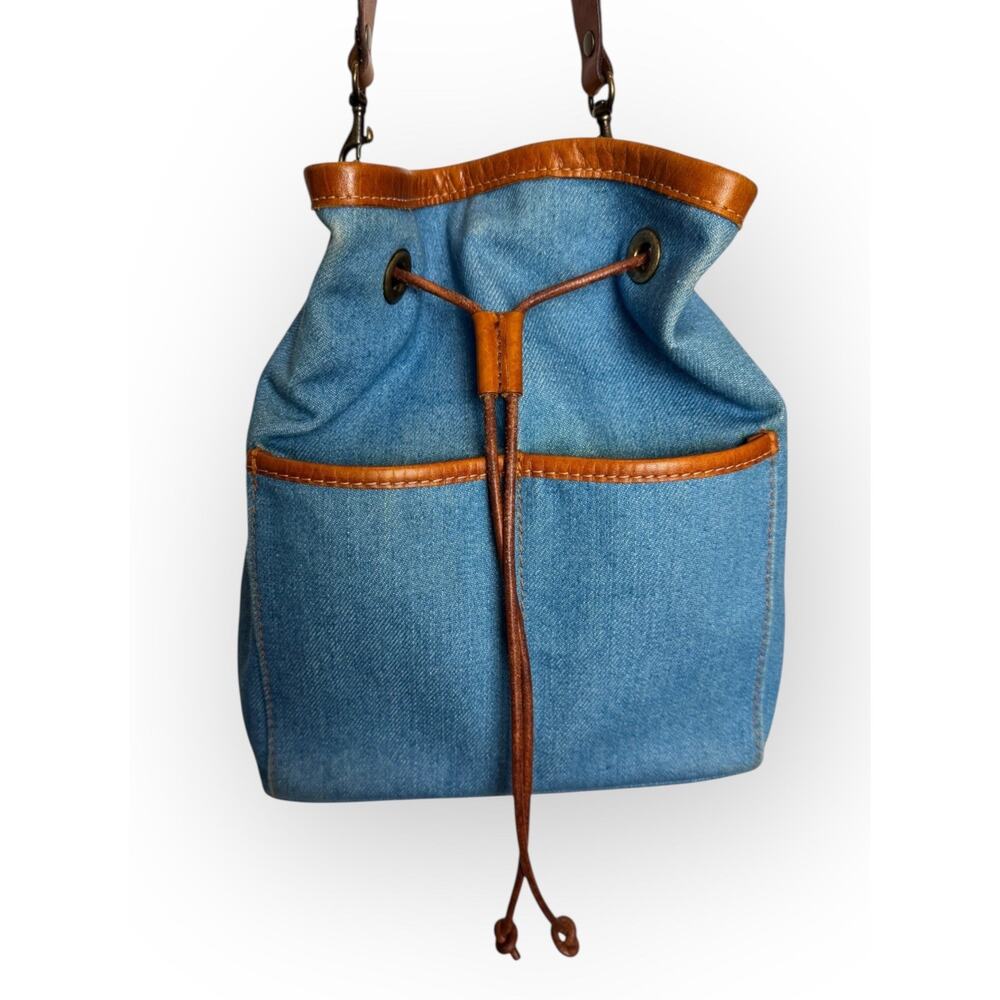 Parker Thatch Morgan Denim Leather Bucket Bag Rare Edition Drawstring EUC - Picture 12 of 16